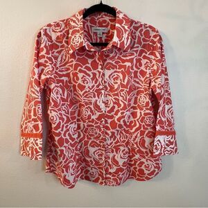 Coldwater Creek Womens Blouse Size Medium Orange White 3/4 Sleeves Button Up